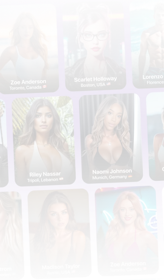 Half transparent background made up of grid of AI-generated models